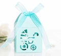 Light blue laser-cut candy gift box with stroller pattern and blue satin ribbon - Pearl Pale Blue