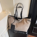Large khaki canvas tote bag with black leather handles and matching small pouch - Dark Khaki