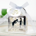 Silver laser-cut wedding favor box with romantic silhouette, ribbon, and thank you tag - Reflective Silver