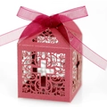 Deep red laser-cut hollow cross candy box with ribbon for wedding and church events - Dark Red