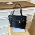 Retro black leather tote bag with heart charm and silver metal eyelets for women - Black