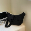 Minimalist black crescent crossbody bag with woven zipper and adjustable wide strap - Large / Black