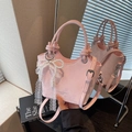 Pink suede-like bucket bag with pearl bow and lace ribbon decoration for women - Pink