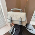 Chic beige square crossbody bag with light blue trim and embossed PAN TOR logo detail - Blue