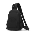 Close-up of black nylon shoulder bag showing durable texture and front zipper pocket detail - Black
