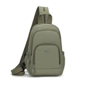 Detail view of military green nylon crossbody bag with multi-zipper layers and side pocket - Army Green