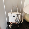 Chic beige crocodile pattern bucket bag with silver star charm and shoulder strap - With Pendant / White