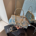 Elegant light blue floral jacquard handbag with gold ring handle and pearl tassel - Blue
