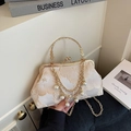 Vintage-style beige jacquard handbag with champagne floral embroidery and gold metal handle - Off White