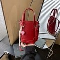 Mini red PU leather bucket bag with top handles, silk scarf, and heart pendant charm - Red with Pendant
