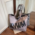 Minimalist lavender grey large capacity tote bag with MNWM print for women daily use - Khaki