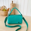 Crossbody pillow bag in lime green nylon fabric with a ruched handle and wide strap - Light Blue