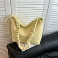 Light yellow oversized tote bag featuring a gathered cloud shoulder strap and side drawstring - White Without Pendant
