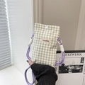 Vertical green and white checkered canvas phone bag with purple twisted rope strap - Green