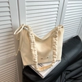 Cream colored large capacity tote bag with pleated shoulder strap and textured leather finish - Yellow Without Pendant