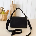 Versatile black fabric crossbody bag with ruched handle and adjustable nylon strap - Black
