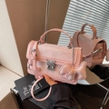 Chic pink jacquard handbag with floral embroidery, silver buckle and animal charm detail - Pink