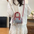 Mini denim Boston bag with red leather straps and a silver starfish charm for women - Red Star Pendant Style / Red with Pendant