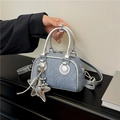 Blue denim and silver faux leather mini crossbody bag with a star and balloon dog charm - Silver Star Pendant Style / Silver (With Pendant)