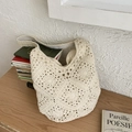 Beige floral crochet hobo bag with bohemian openwork weave and wide strap - Off White