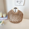 Borsa a tracolla in paglia marrone con manici tondi in legno e fodera beige - Cachi