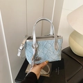 Light blue denim bucket bag with pleated texture and silver leather handles - Silver (With Pendant)