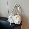 Cream shoulder bag with heart pocket, lace pearl charm and minimalist handle design - Off-white