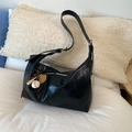 Black hobo bag in matte faux leather with baseball charms and adjustable shoulder strap - With Charm / Black
