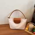Bolso tote minimalista en beige y marrón con asas de cuero y el logotipo de CLEAROK - Blanco Roto