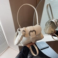 Fashionable cream white patent leather saddle bag with heart buckle and shoulder strap - Off White