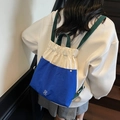 Casual drawstring backpack in navy blue and cream with bear print for women - Blue