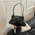 Glossy black saddle bag with heart buckle and slim shoulder strap for women - Black
