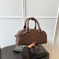 Brown lychee texture Boston bowling bag with dual handles and adjustable crossbody strap - Brown