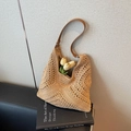 Woven straw tote bag in khaki with brown leather shoulder strap and diamond texture - Khaki