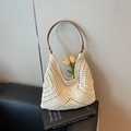 Handwoven cream crochet tote bag with geometric hollow patterns and brown leather strap - Off White