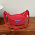 Red hobo shoulder bag with pleated strap and minimalist letter print in casual style - Red