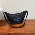 Black crescent shoulder bag with pleated strap and blue embroidery on nylon fabric - Black