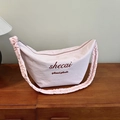 Pink crescent moon bag with ruched handle strap and stylish printed letter details - Pink