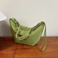 Green pleated dumpling shoulder bag with double straps and red letter print detail - Green