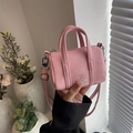 Pink lychee grain leather mini pillow handbag with silver logo and adjustable strap - Pink