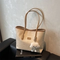 Beige tote bag with brown trim and embossed cartoon patterns with cloud charm - With Pendant / Beige and Khaki