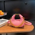 Pink lychee leather mini crescent hobo bag with a decorative gold chain strap - Pink