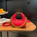 Red crescent leather bag with lychee texture and chunky gold chain strap for women - Red