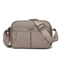 Macro detail of khaki nylon crossbody bag with metal logo and pleated texture - Gray