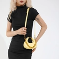 Mini crescent bag in light yellow faux leather with chunky gold chain strap and crossbody belt - Gold