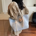 Light blue stone texture tote bag with cream shoulder strap and cute bear pendant - Blue with Charm