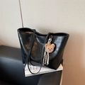 Black crocodile-embossed large tote bag with brown plush bear charm and thin shoulder straps - Black with Pendant