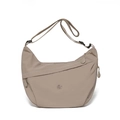 Detail view of khaki nylon crescent bag featuring adjustable strap and circular logo - Gray