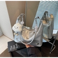 Detail of silver metallic hobo bag with butterfly patches and white cloud plush charm - Silver