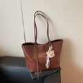 Dark brown stone-patterned tote bag with double straps and a plush bear pendant charm - Coffee with Pendant